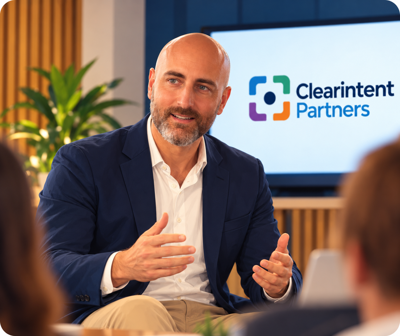 Dan Le Good, founder of Clearintent Partners, speaking in front of the Clearintent Partners logo